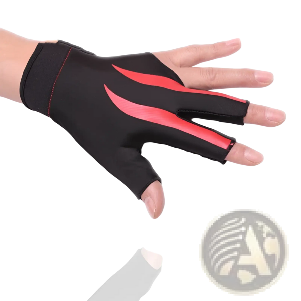 Back side of black lycra billiards glove with bold red curved stripes featuring anti skid design for left hand use