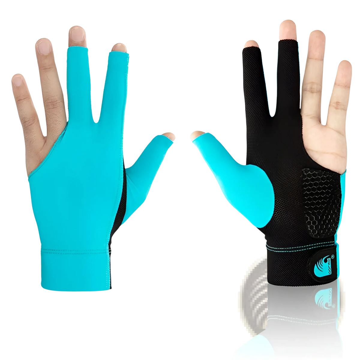 Turquoise and black three-fingered billiards glove with breathable mesh back for anti skid snooker cue pool use left hand