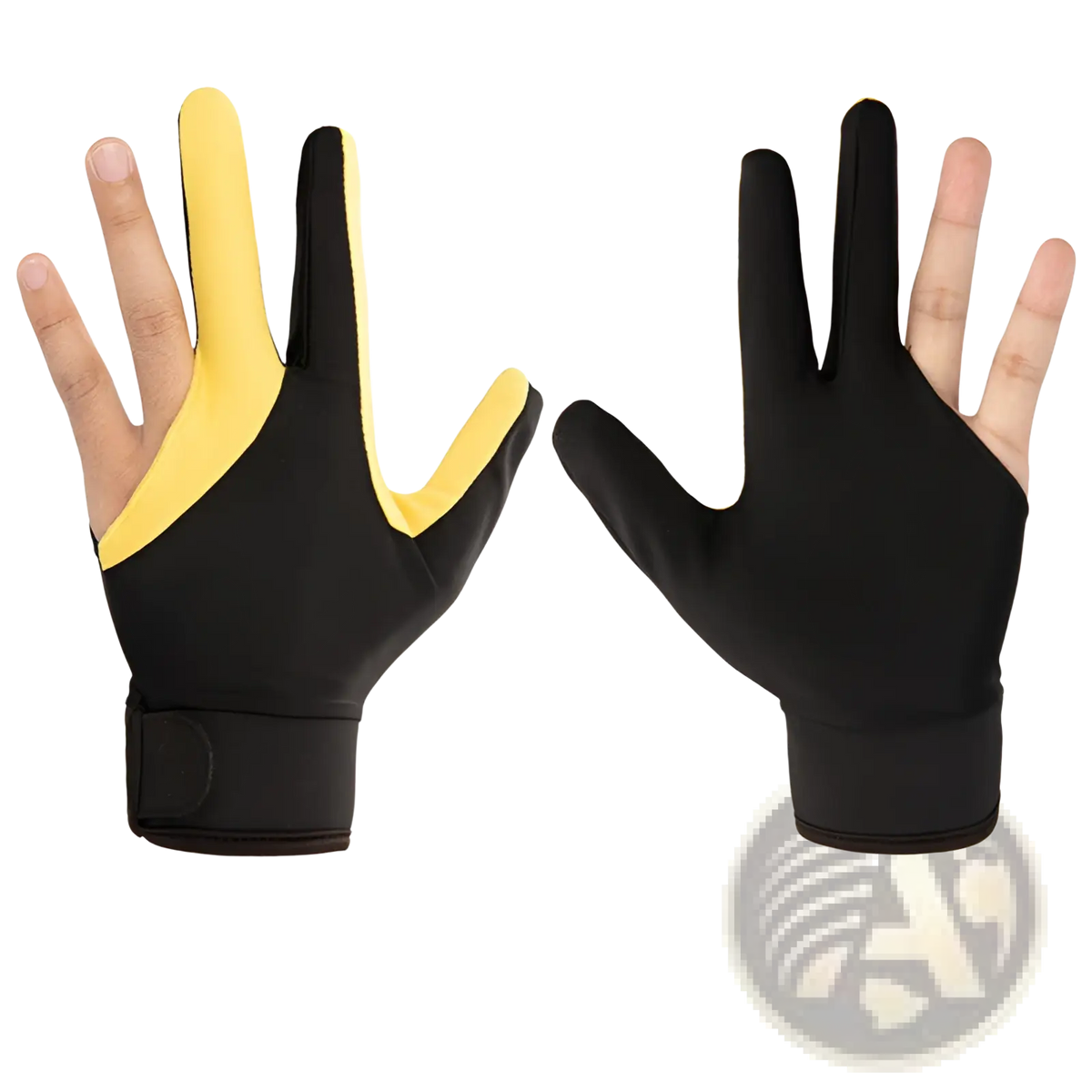 Black and yellow fingerless billiards glove with snug fit lycra material and adjustable wrist strap for left hand use