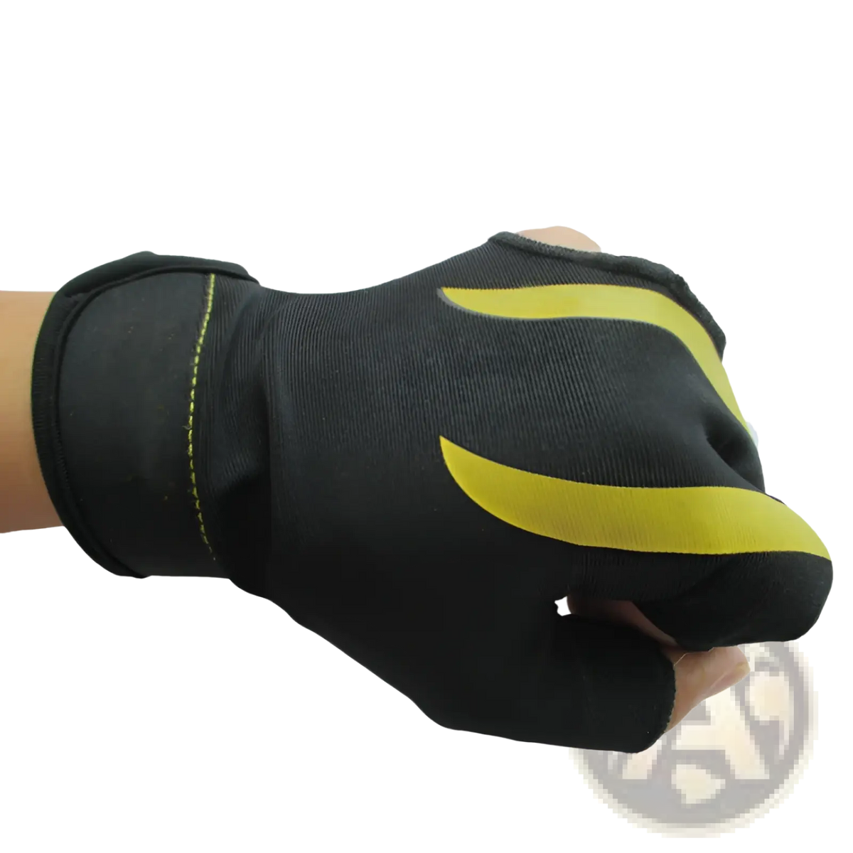Black fingerless billiards glove made of lycra with yellow curved stripes on the back for anti skid use on left hand