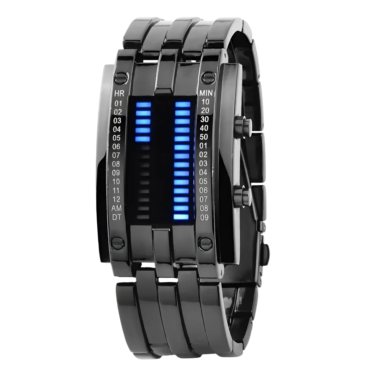 Black binary led stainless steel waterproof men watch with sleek segmented band and glowing blue led time display