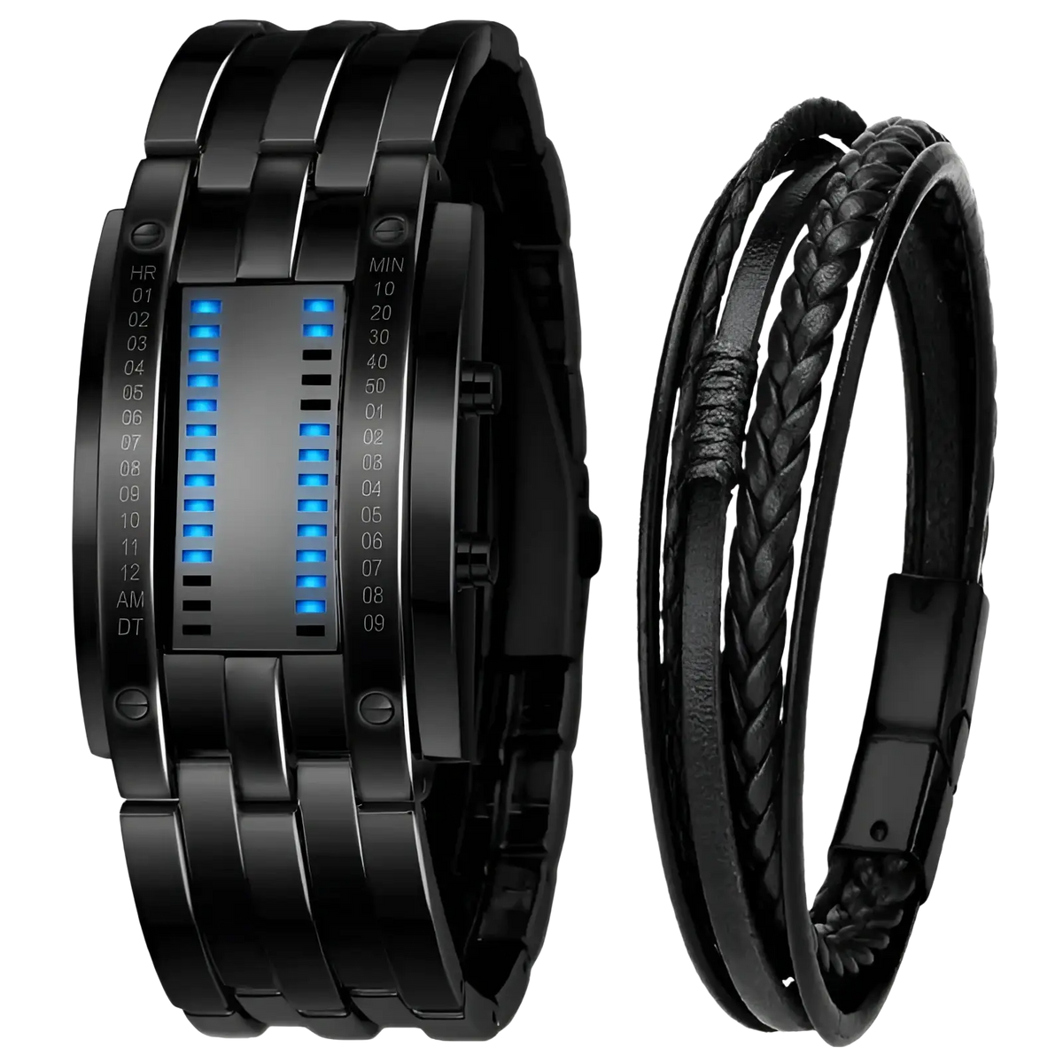 Black digital binary led stainless steel waterproof men watch with blue led display and black braided leather bracelet