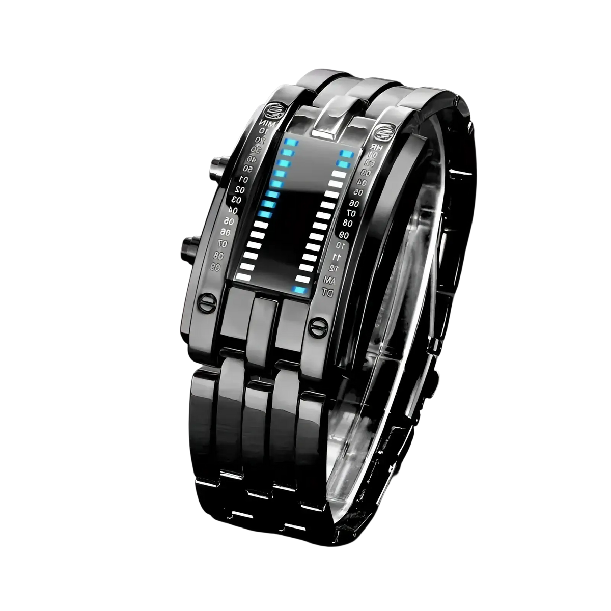 Black binary led stainless steel men’s watch with glowing blue segments and a sleek futuristic digital design