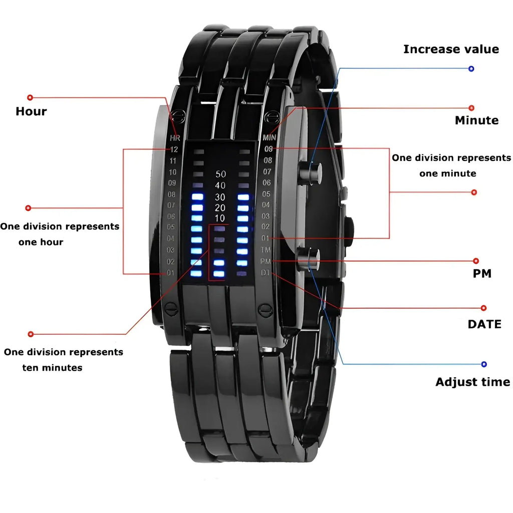 Black binary led stainless steel waterproof men watch with sleek segmented band and glowing blue led time display