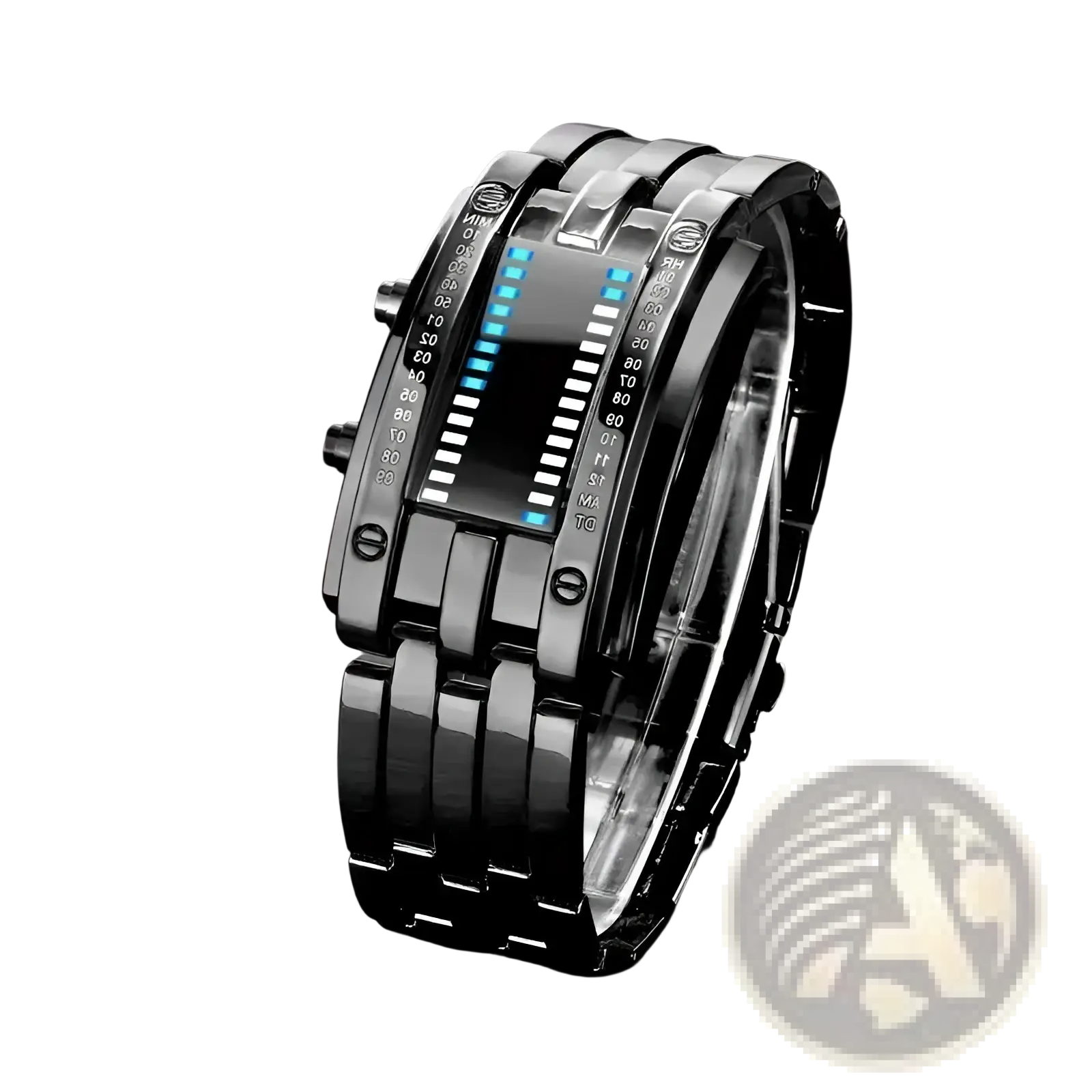 Black binary led stainless steel men’s watch with glowing blue segments and a sleek futuristic digital design