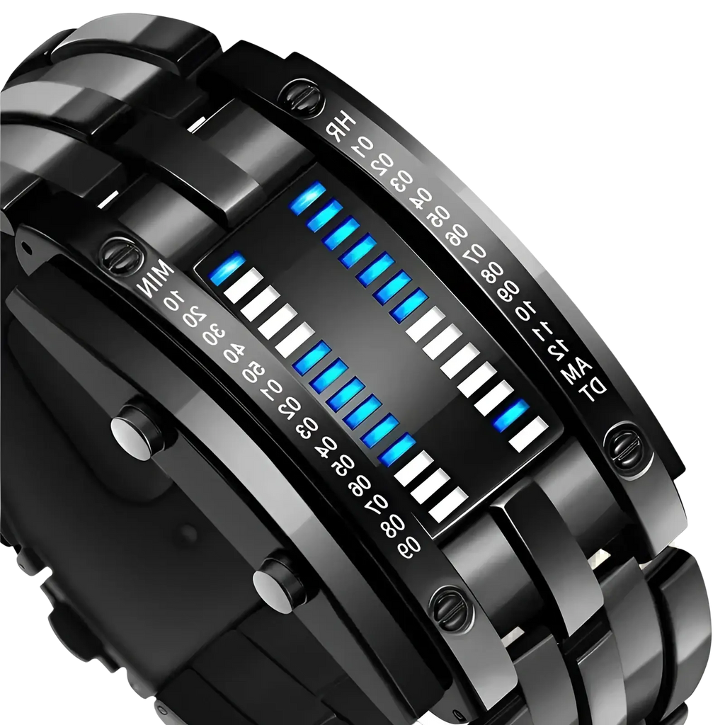 Black binary led stainless steel men watch with sleek segmented band and blue led bar-style time display