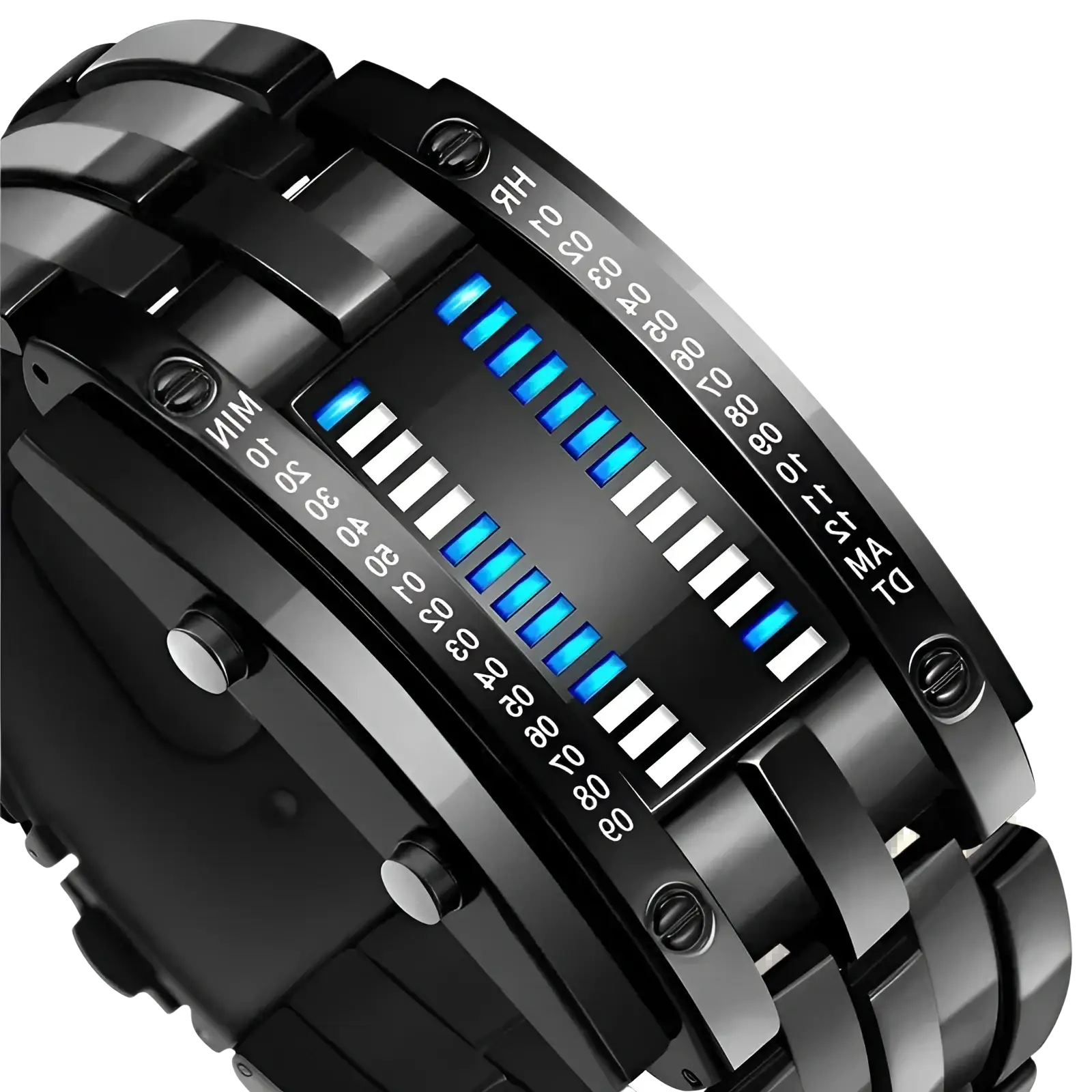 Black binary led stainless steel men watch with sleek segmented band and blue led bar-style time display