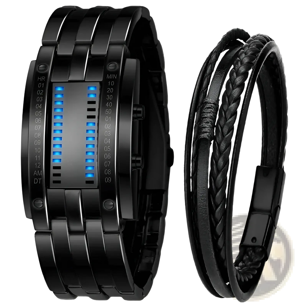 Black digital binary led stainless steel waterproof men watch with blue led display and black braided leather bracelet