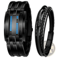 Black digital binary led stainless steel waterproof men watch with blue led display and black braided leather bracelet