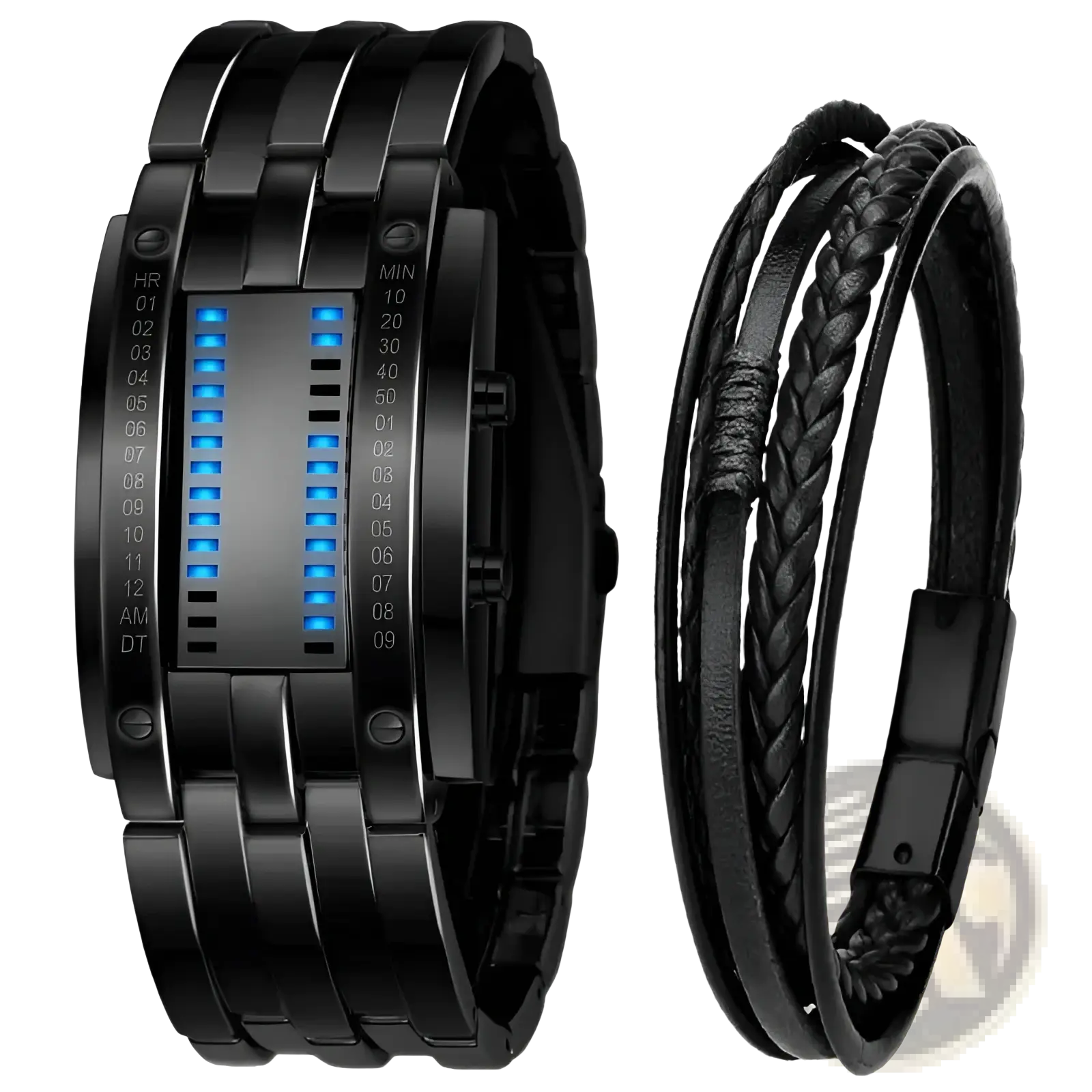 Black digital binary led stainless steel waterproof men watch with blue led display and black braided leather bracelet