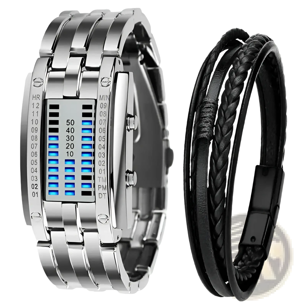 Silver binary led stainless steel waterproof men watch with rectangular blue led face and black braided leather bracelet