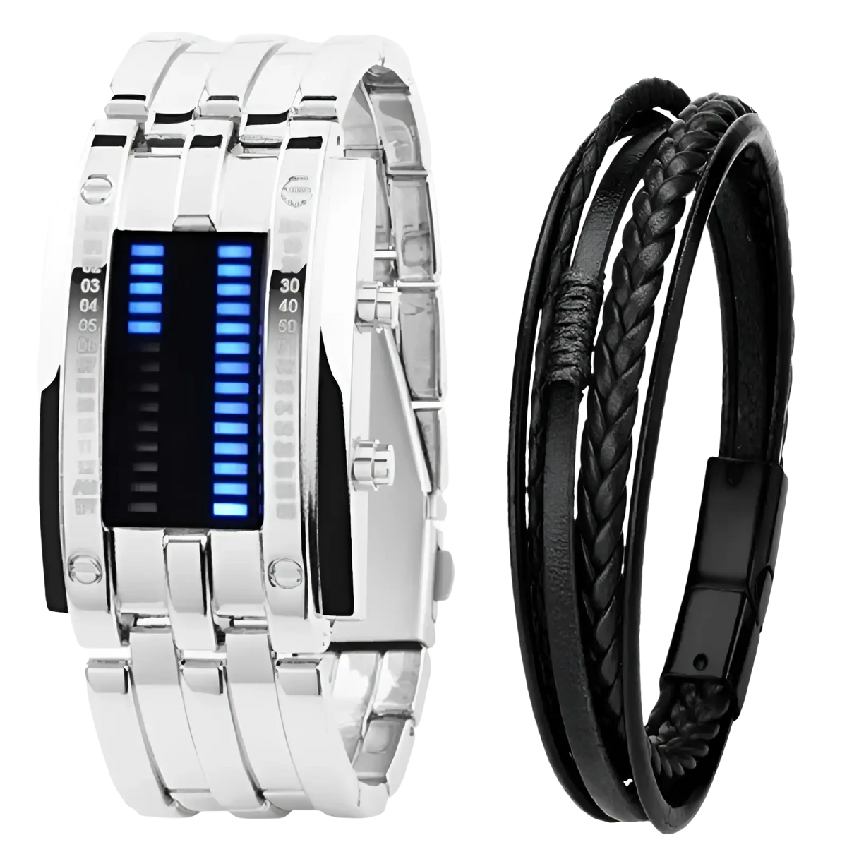 Silver binary led stainless steel waterproof men watch with blue led display and black braided leather bracelet