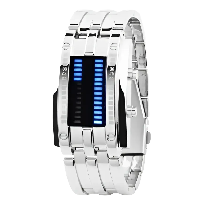 Silver-toned binary led stainless steel waterproof men watch with a sleek digital display and glowing blue led bars