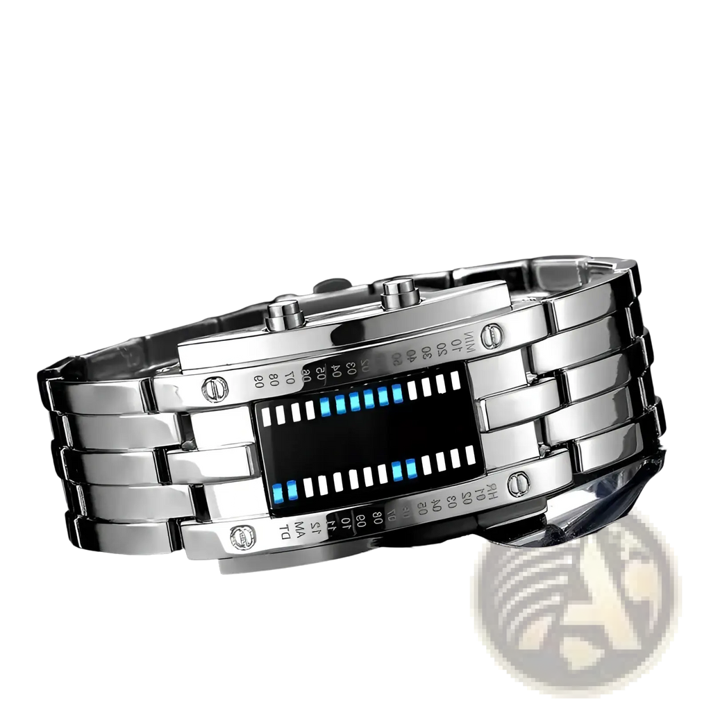 Silver-toned binary led stainless steel waterproof men watch with rectangular blue led face and metallic link bracelet