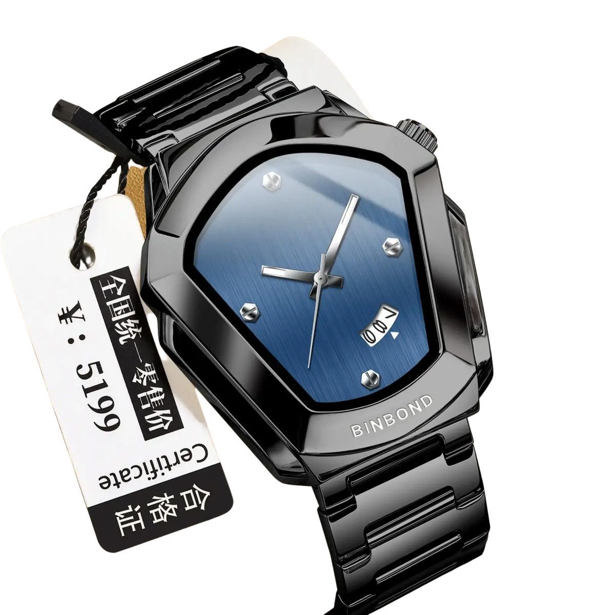 Binbond men quartz luxury stainless steel watch with black metallic case blue gradient dial and silver hands