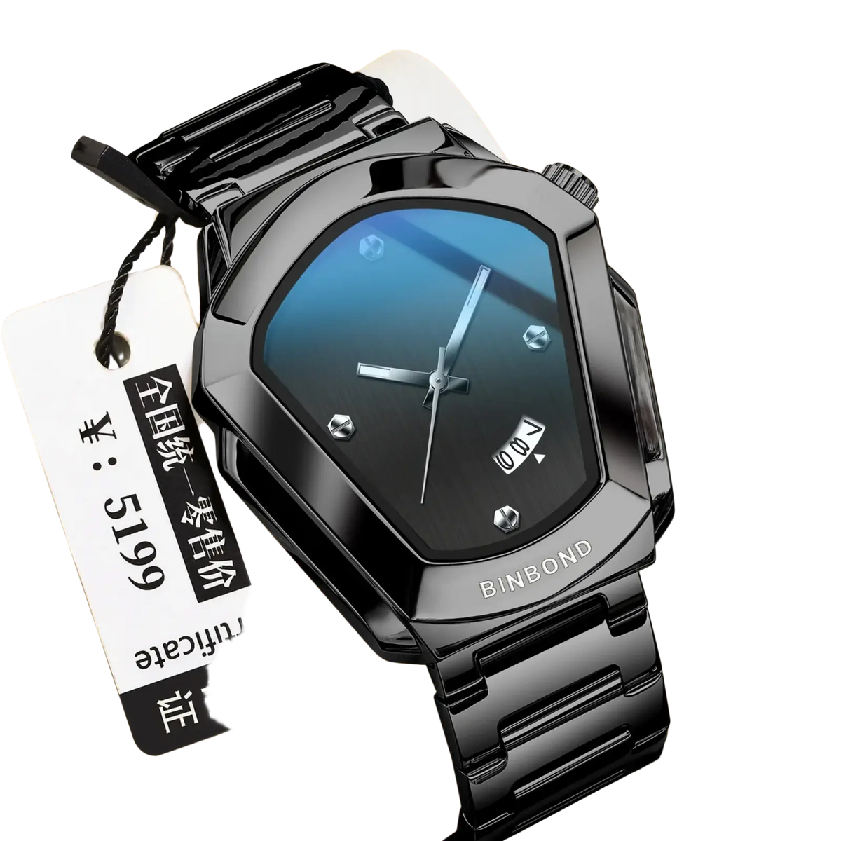 Binbond men quartz luxury stainless steel watch with black metallic case blue gradient dial and silver hands