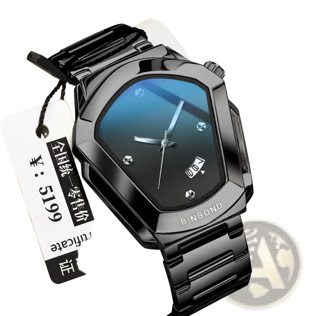 Binbond men quartz luxury stainless steel watch with black metallic case blue gradient dial and silver hands