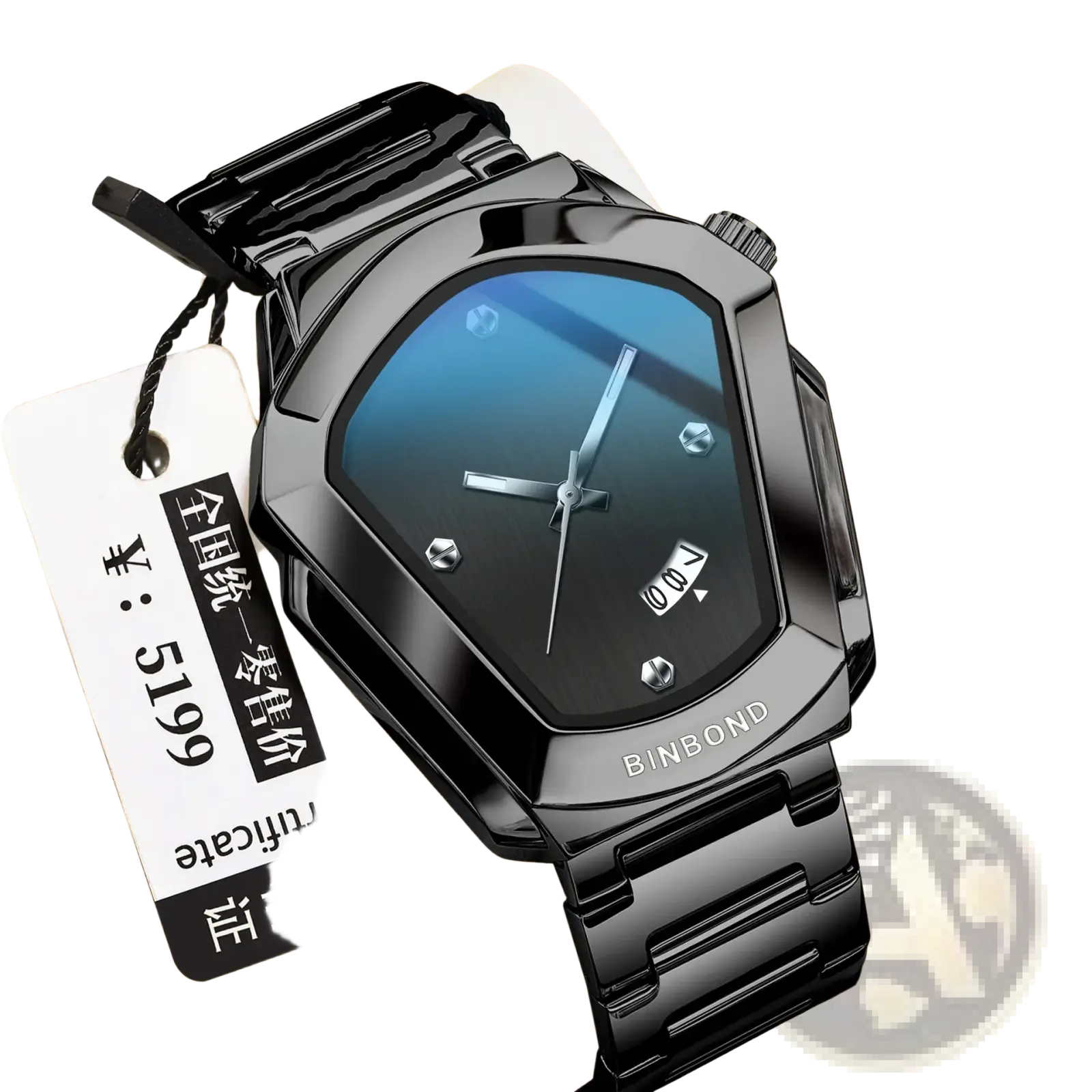 Binbond men quartz luxury stainless steel watch with black metallic case blue gradient dial and silver hands