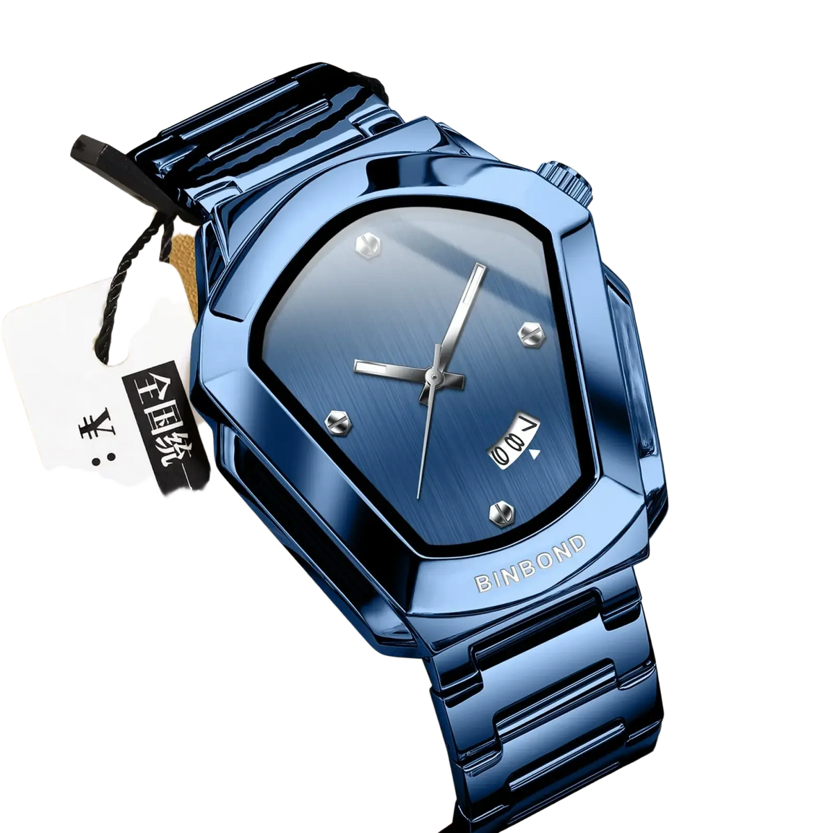 Binbond men quartz luxury stainless steel watch featuring a blue metallic sleek angular design with silver hands