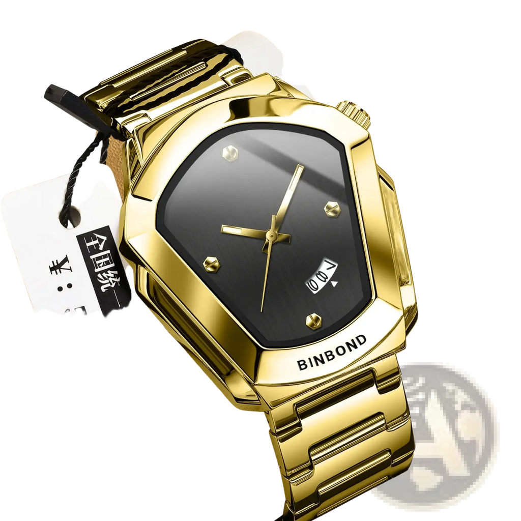 Binbond men quartz luxury stainless steel watch with gold-tone metal, black dial, and gold hour markers and hands