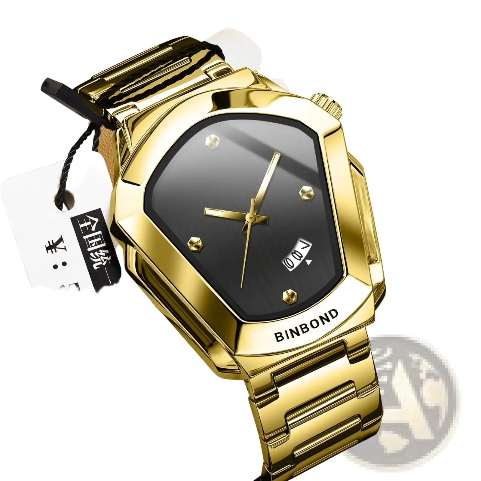 Binbond men quartz luxury stainless steel watch with gold-tone metal, black dial, and gold hour markers and hands