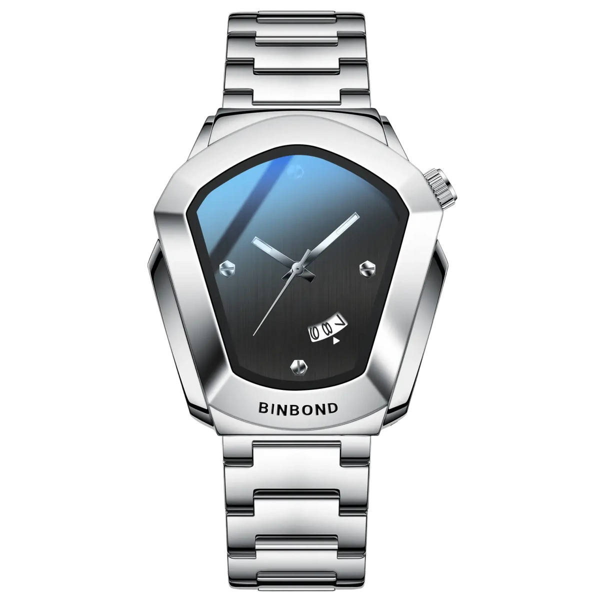 Binbond men quartz luxury stainless steel watch with silver-toned angular case and gradient blue-to-black dial