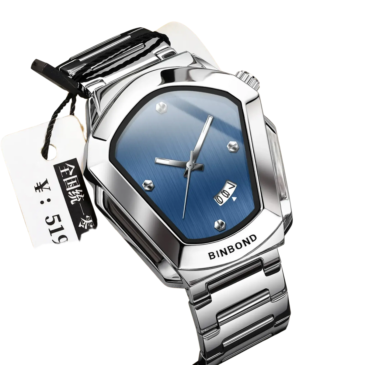 Silver-toned Binbond men quartz luxury watch with blue gradient dial and stainless steel link bracelet