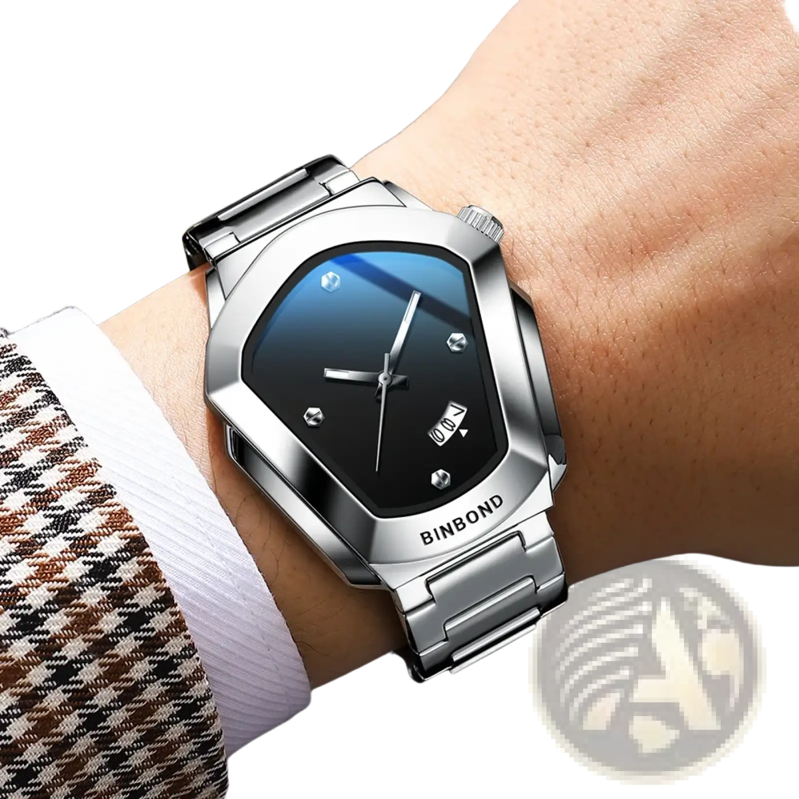 Silver-toned binbond men quartz luxury stainless steel watch with sleek angular case and gradient blue to black dial