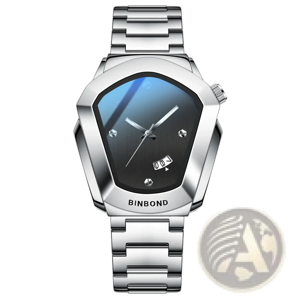 Binbond men quartz luxury stainless steel watch with silver-toned angular case and gradient blue-to-black dial