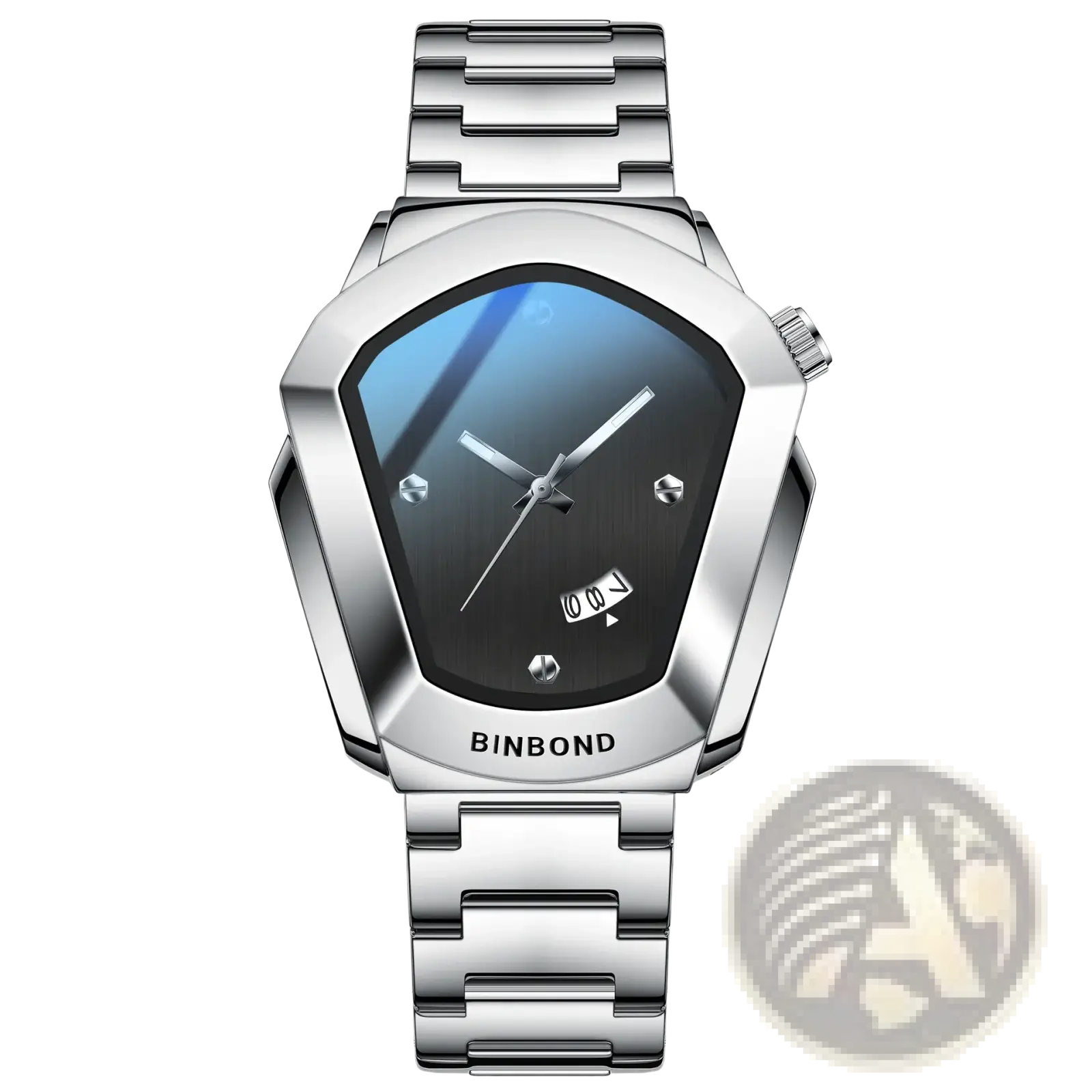 Binbond men quartz luxury stainless steel watch with silver-toned angular case and gradient blue-to-black dial