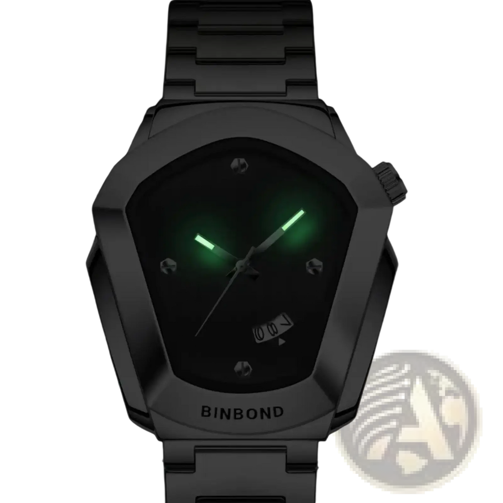 Binbond men quartz luxury stainless steel watch with sleek dark gray metal case and glowing green dial and hands