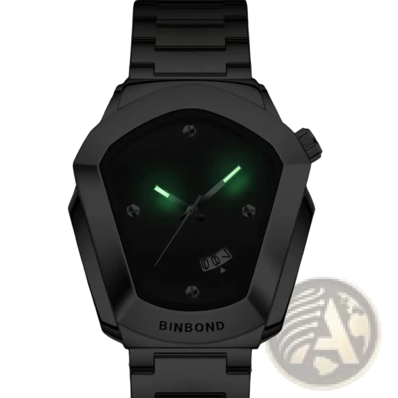 Binbond men quartz luxury stainless steel watch with sleek dark gray metal case and glowing green dial and hands