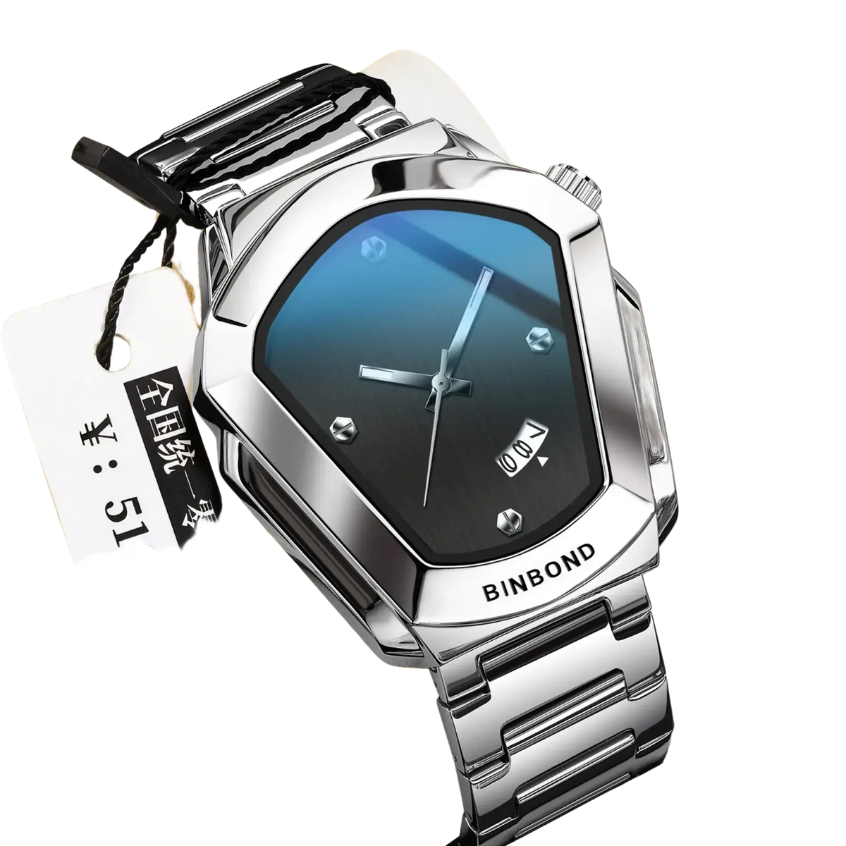 Binbond men quartz luxury stainless steel watch with sleek silver tone, gradient blue to black dial, and polished metal bracelet