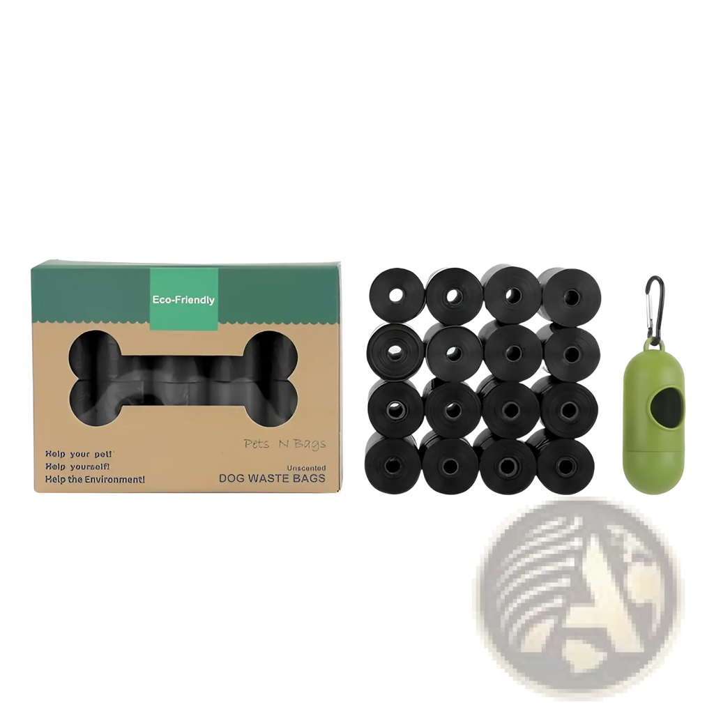 Green biodegradable dog waste bag dispenser with carabiner clip for eco friendly pet garbage bags