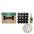 Green biodegradable dog waste bag dispenser with carabiner clip for eco friendly pet garbage bags