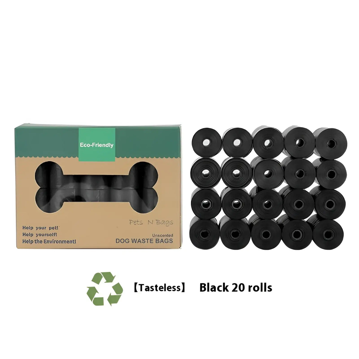 Black biodegradable dog waste bags in 20 rolls inside a recyclable cardboard box with bone shaped window