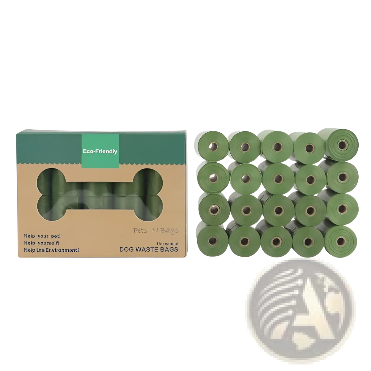 Green roll of biodegradable unscented dog waste bags in eco friendly packaging for pet garbage disposal