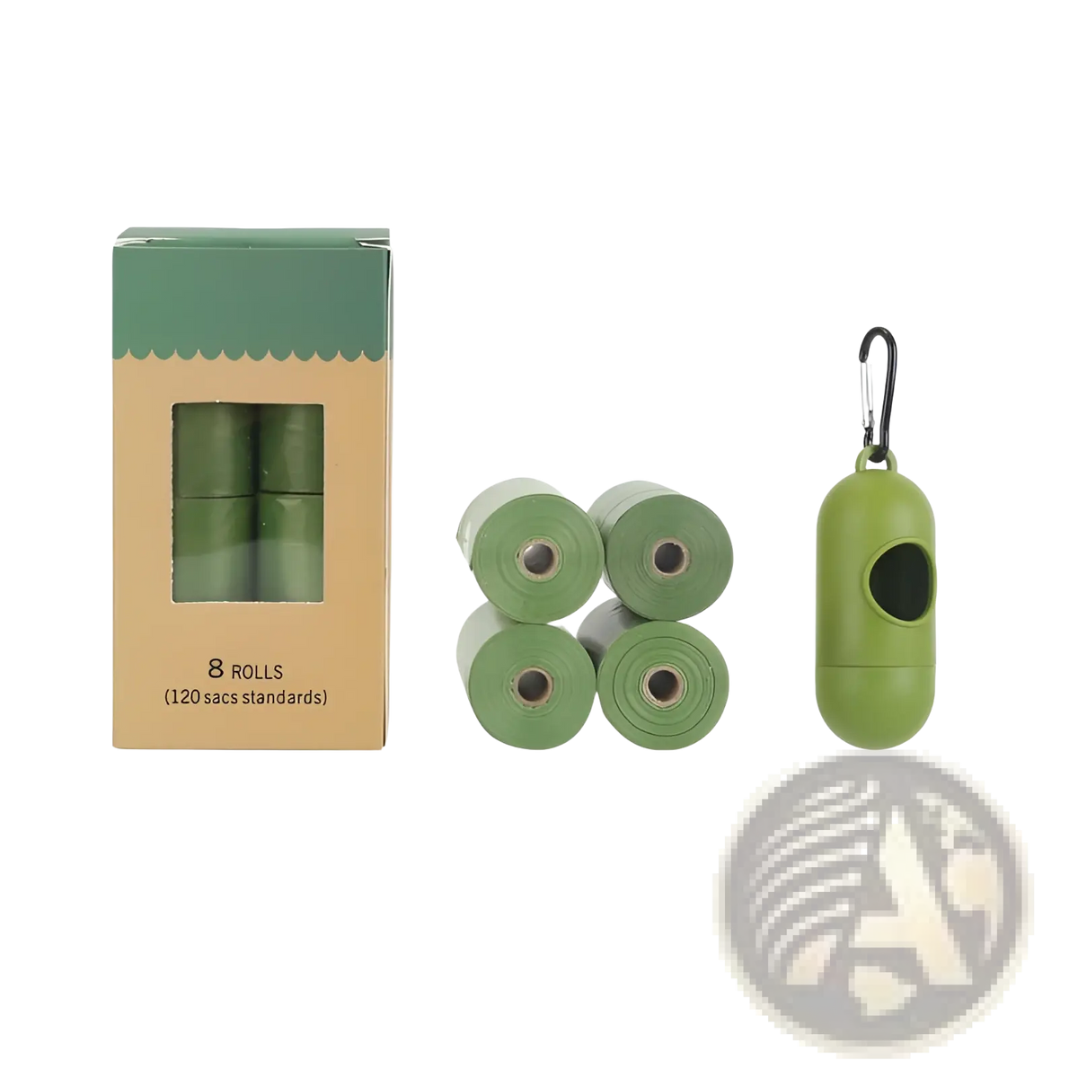 Green biodegradable dog waste bags with matching green carrying case and carabiner clip for eco friendly pet use