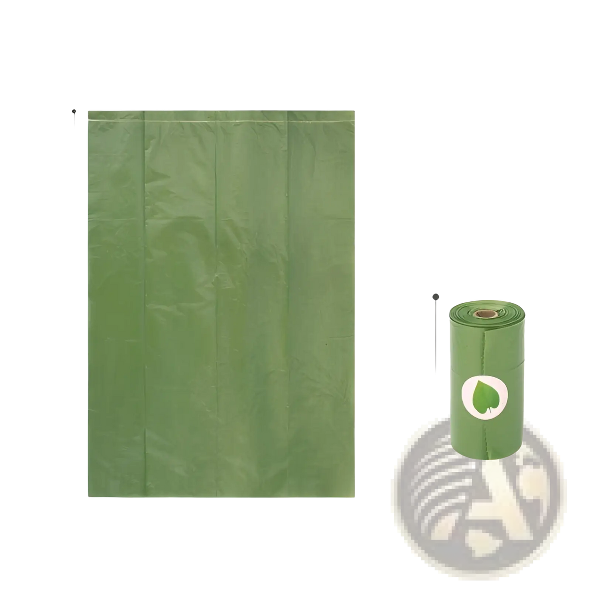 Biodegradable green plastic dog waste bags with leaf logo shown flat and rolled for eco friendly pet waste disposal