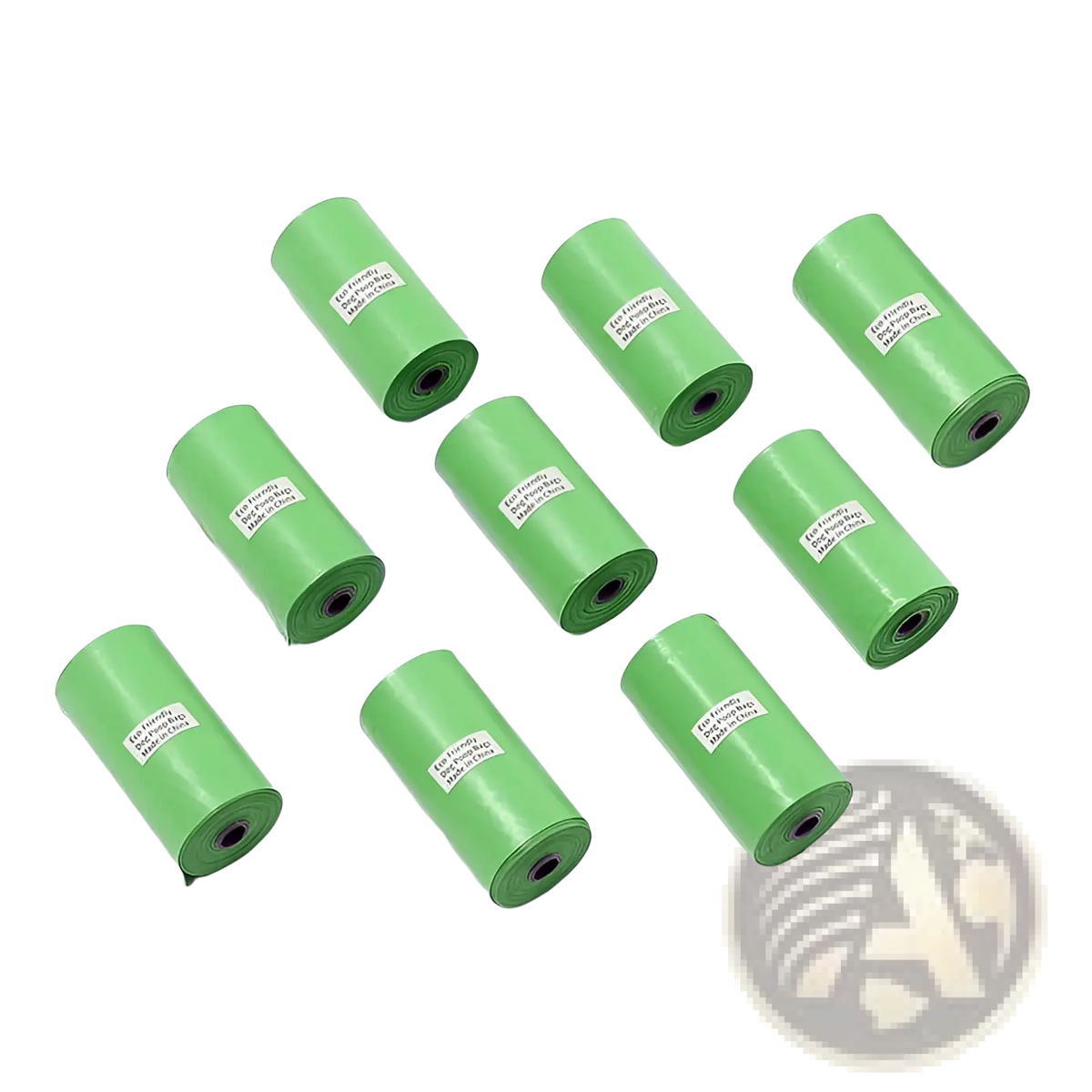 Green roll of biodegradable dog waste bags made from eco friendly material for pet garbage disposal