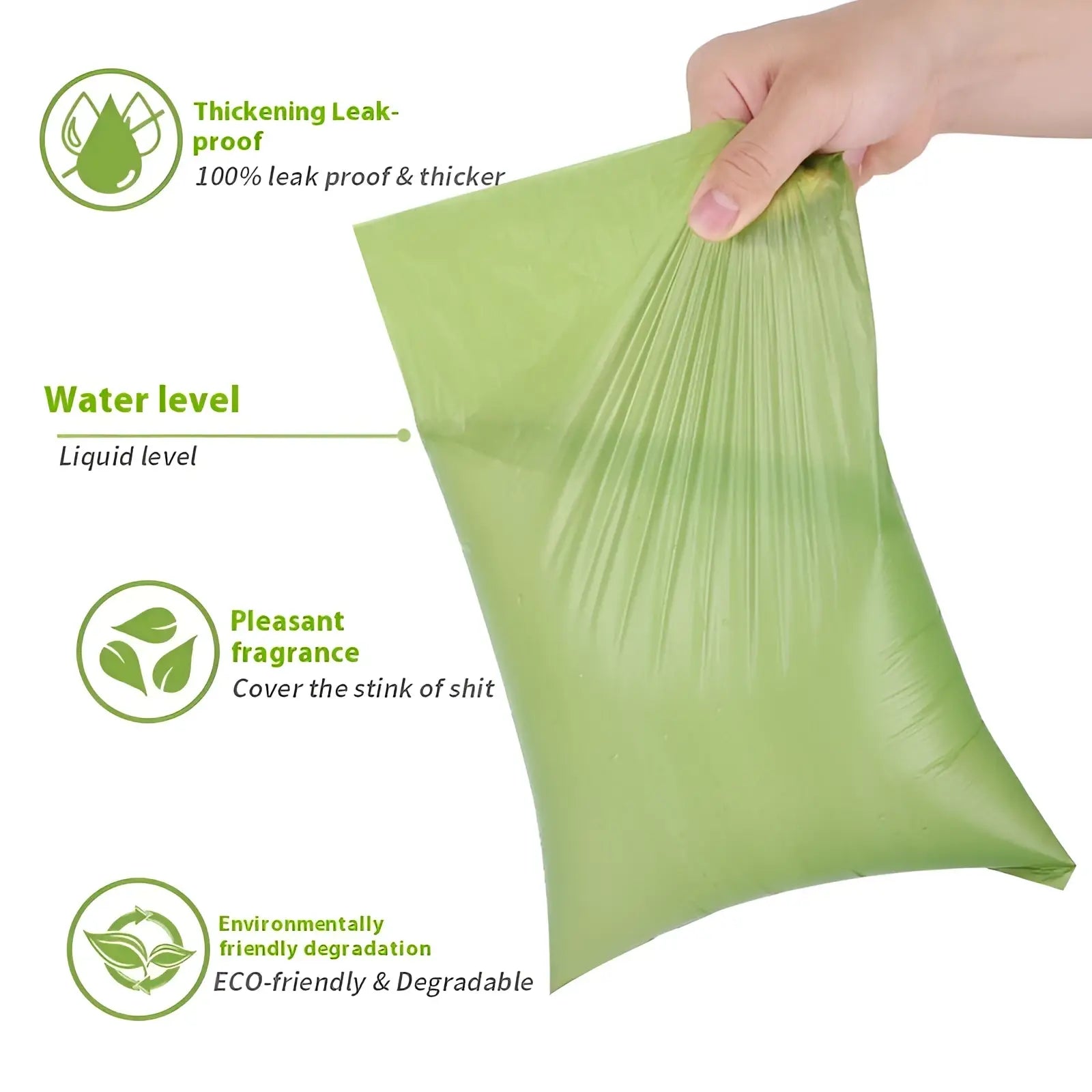 A translucent lime green biodegradable dog waste bag with reinforced top and pleats for leak-proof containment