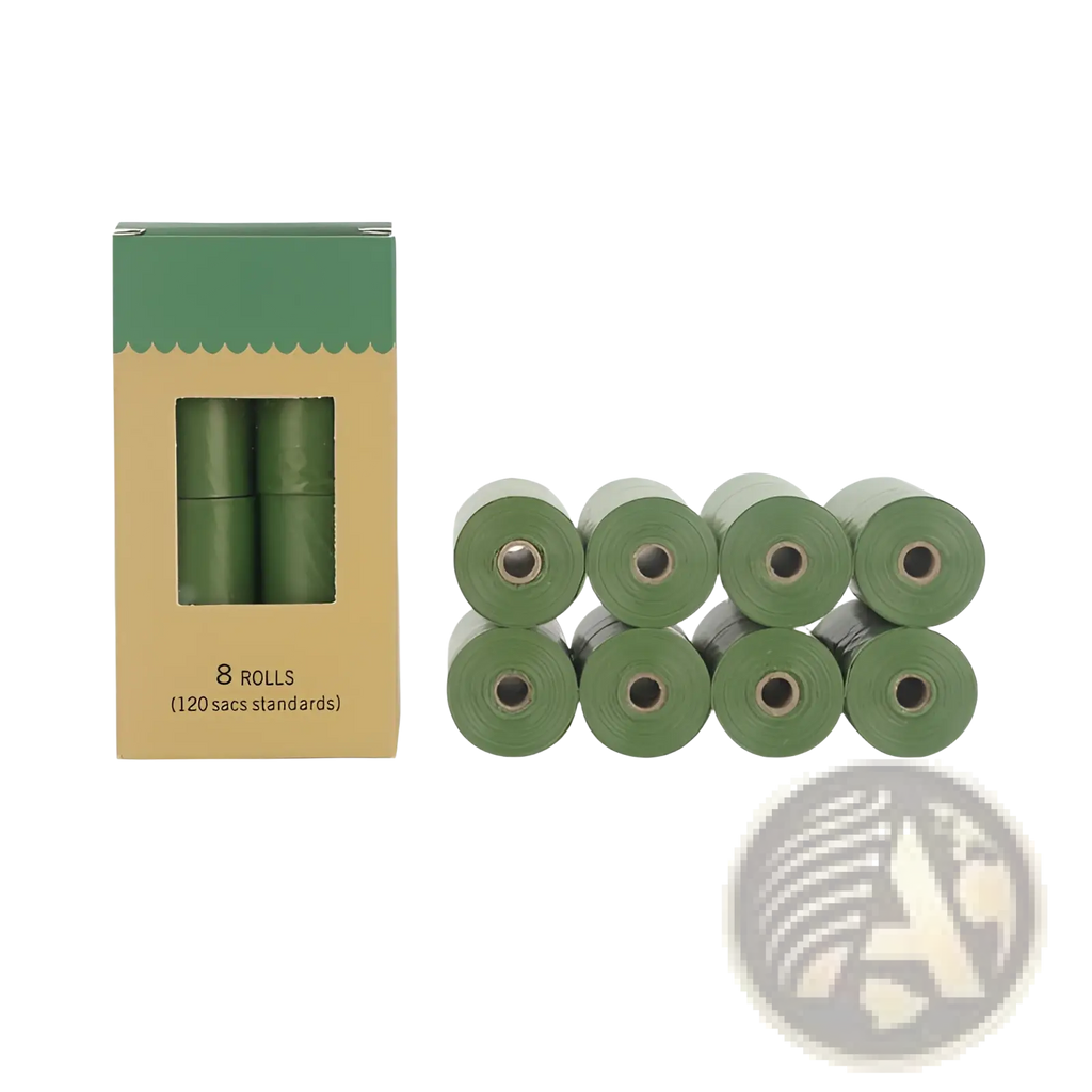 Eight rolls of olive green biodegradable dog waste bags in a cardboard box eco friendly pet garbage bags