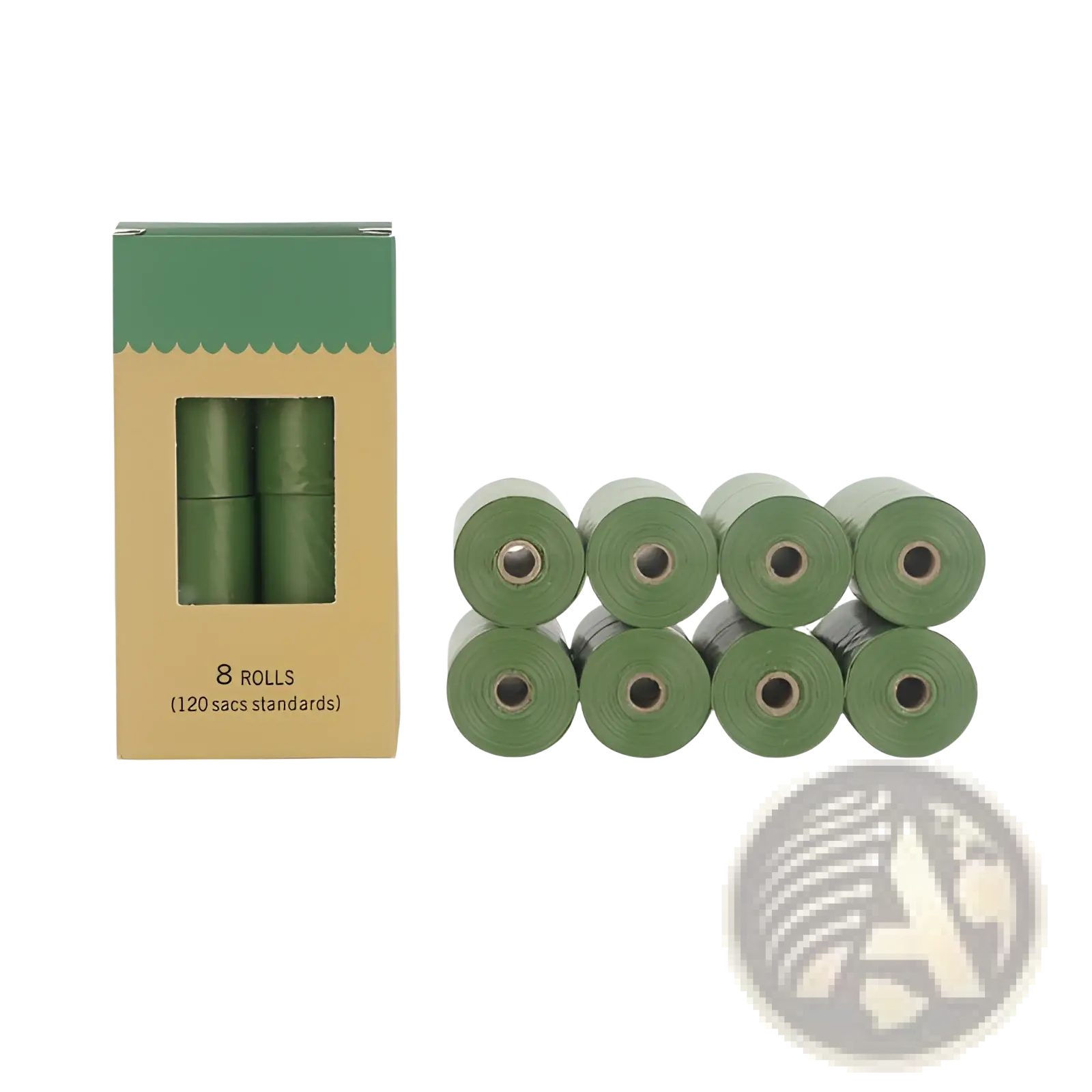 Eight rolls of olive green biodegradable dog waste bags in a cardboard box eco friendly pet garbage bags
