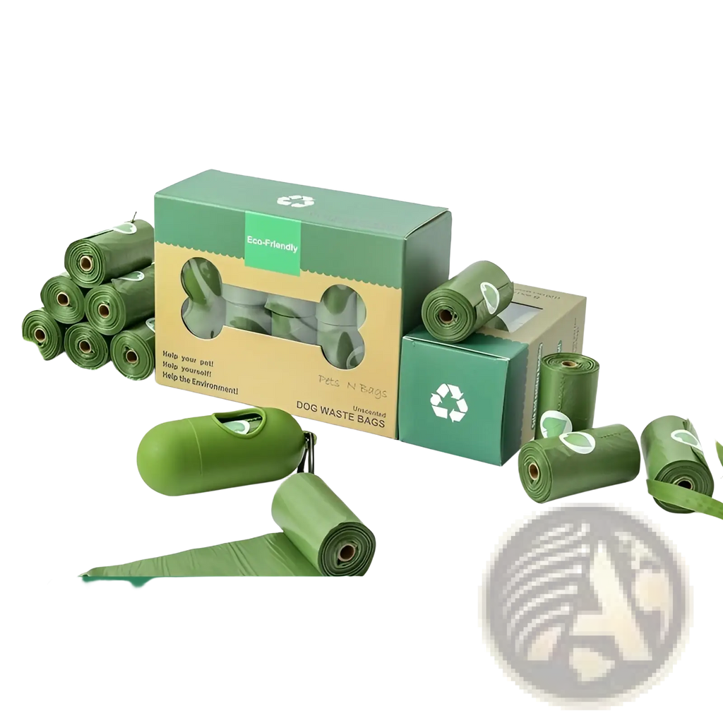 Biodegradable green rollable dog waste bags in a recyclable box designed for leak-proof eco friendly pet use