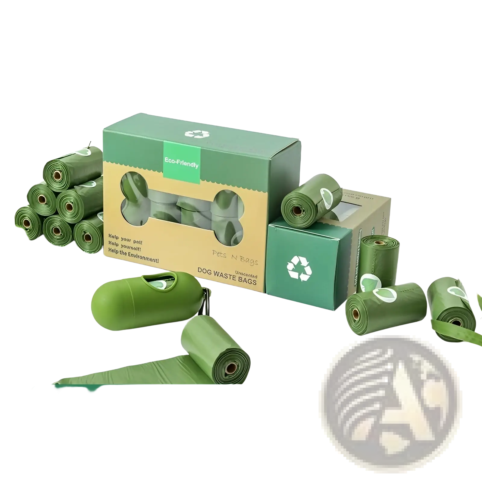Biodegradable green rollable dog waste bags in a recyclable box designed for leak-proof eco friendly pet use