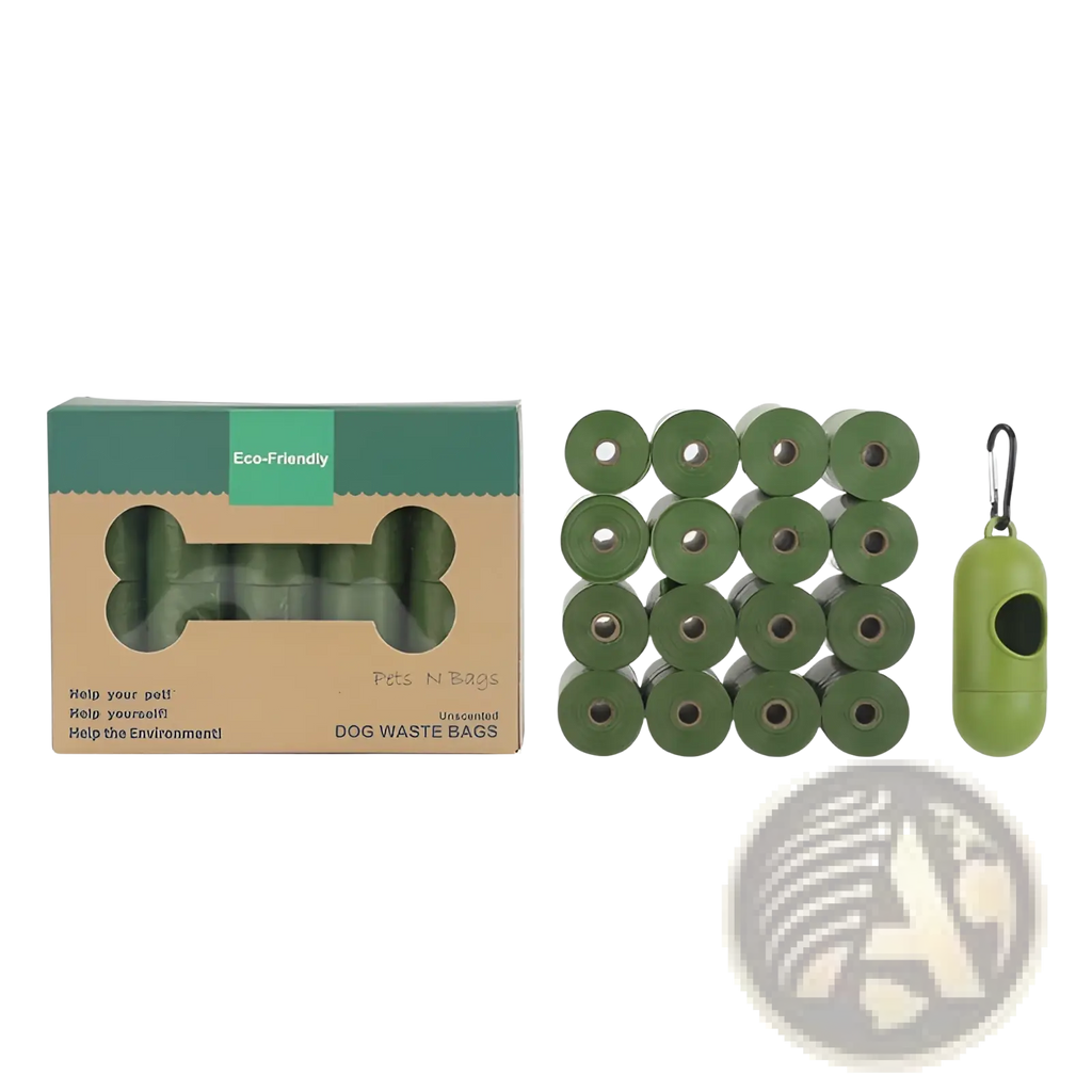 Olive green biodegradable dog waste bags with matching clip on dispenser eco friendly pet garbage bags