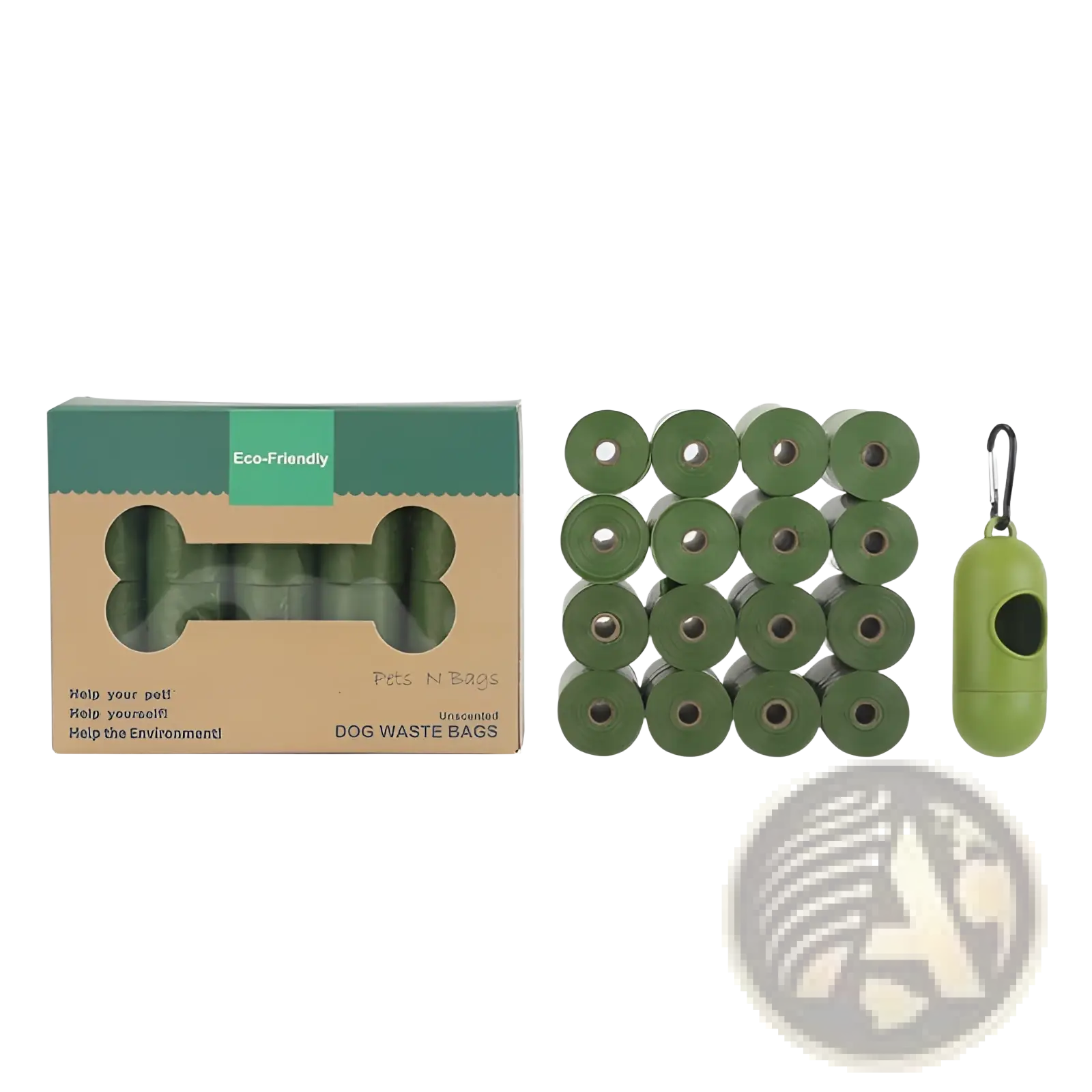 Olive green biodegradable dog waste bags with matching clip on dispenser eco friendly pet garbage bags