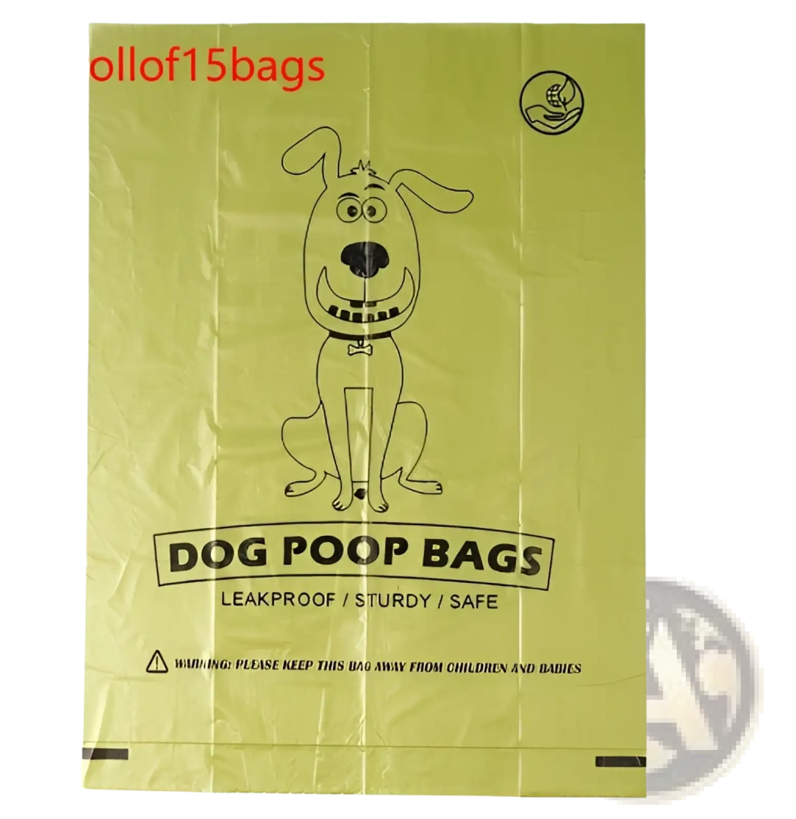 Yellow biodegradable dog waste bag with cartoon dog illustration labeled leakproof sturdy and safe pet poop bag