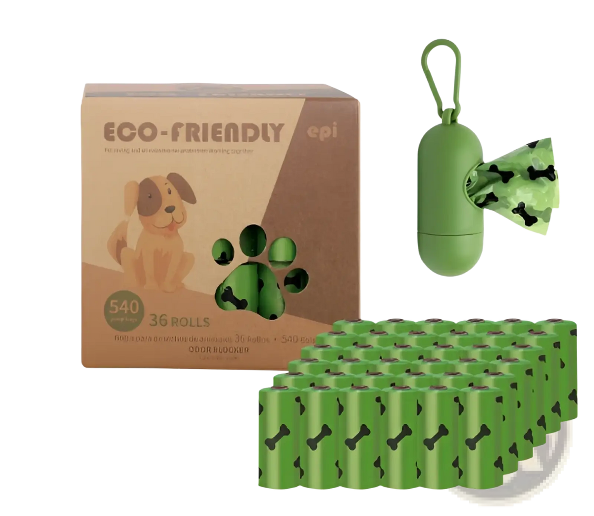 Biodegradable green dog waste bags with black bone patterns and eco-friendly packaging with matching dispenser
