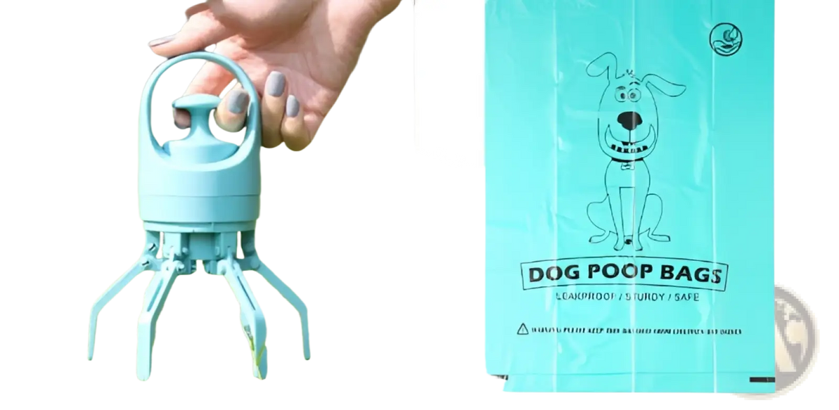 Light blue plastic dog waste picker with handle and four legs for use with biodegradable thickened pet poop bags
